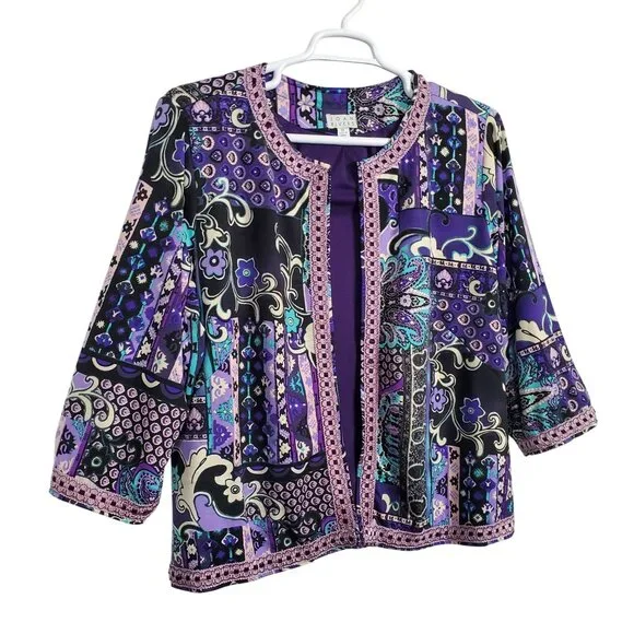 Joan Rivers Size 2X Jacket Collarless Open Floral Lace Trim Jersey Knit Lined - Picture 1 of 10